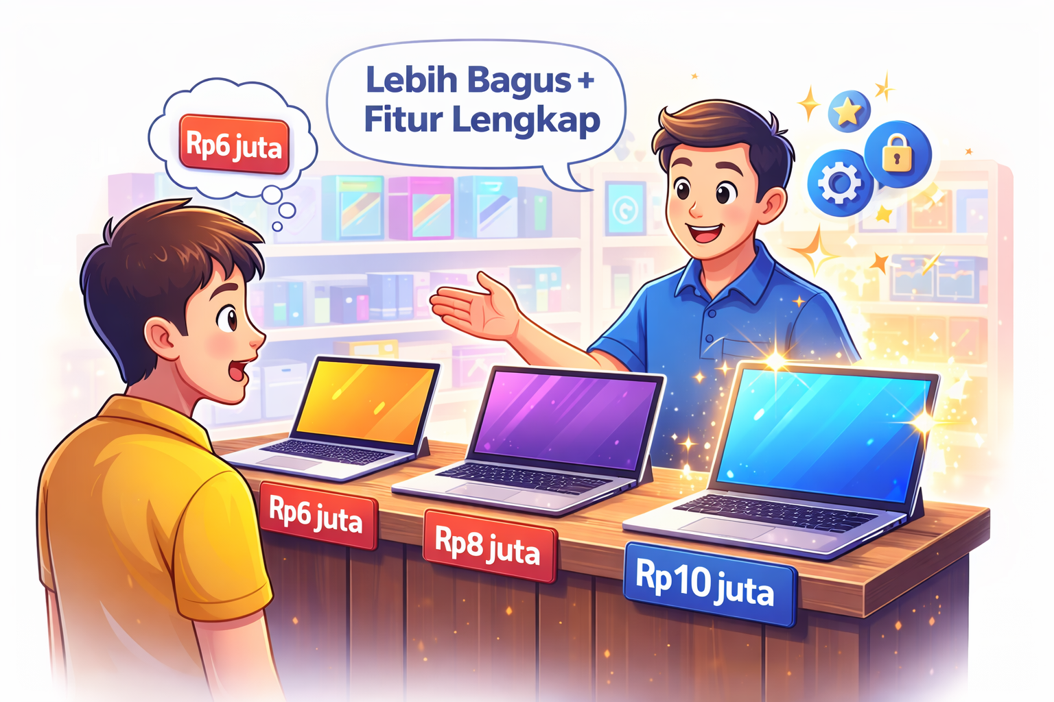 Two people interacting. in a store to choose the right laptop