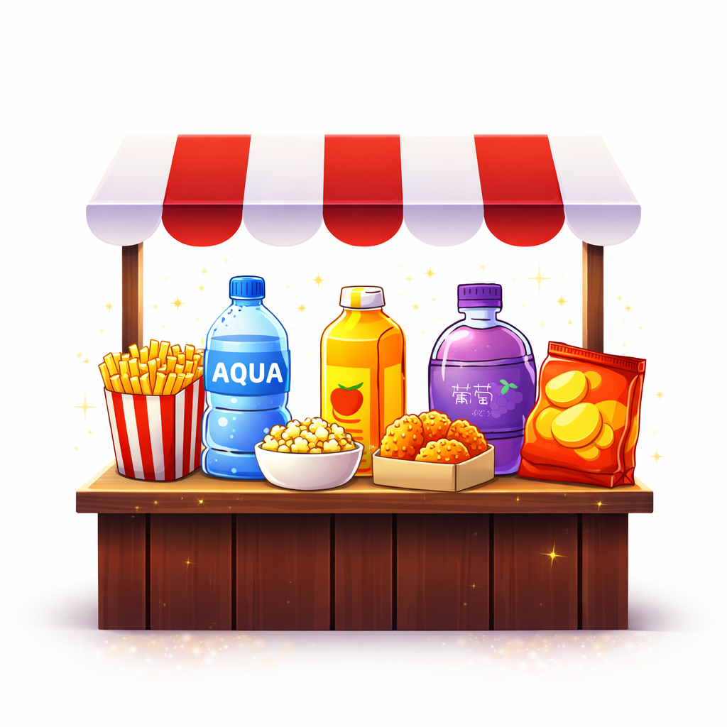 snacks and drinks on a small shopping stand
