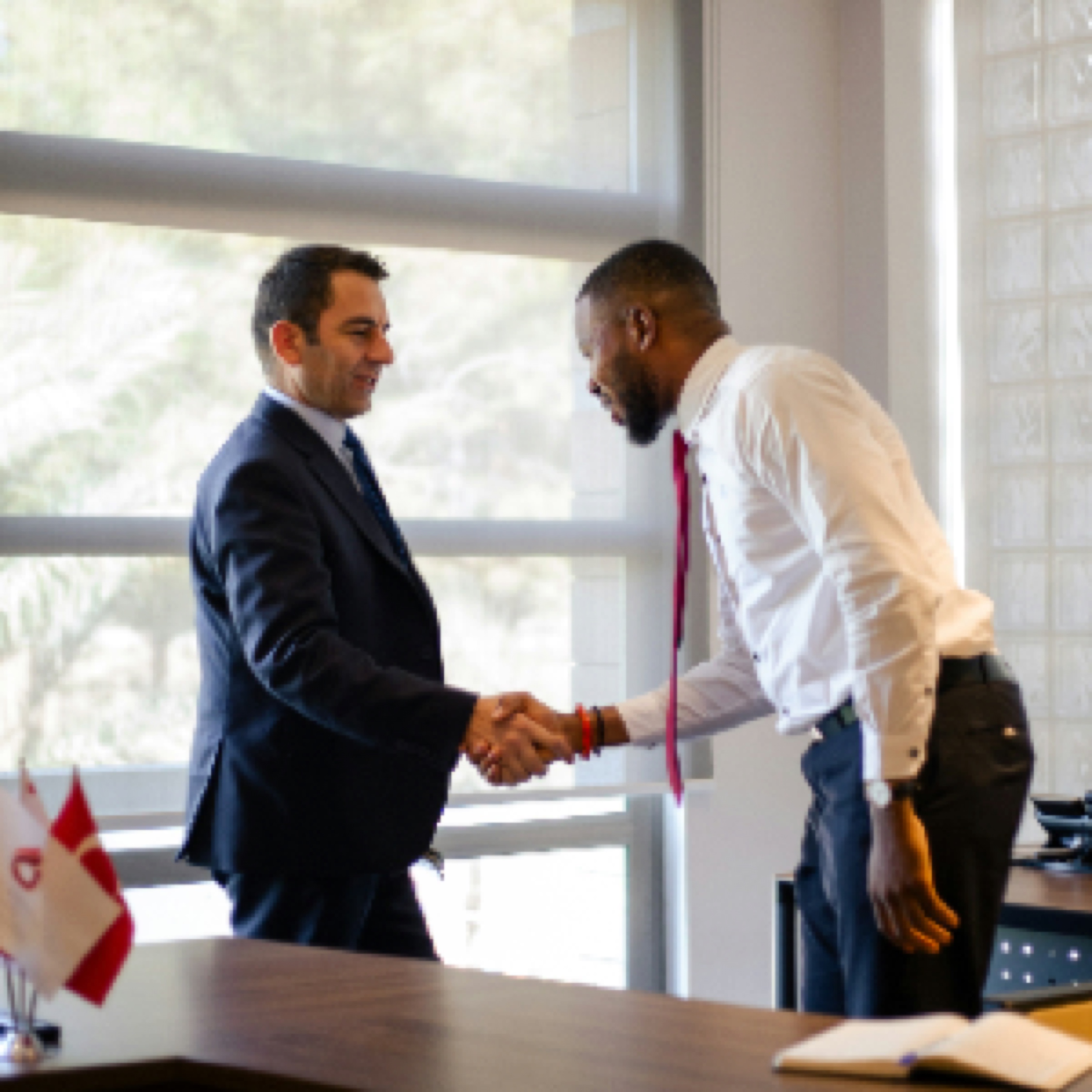 two people shakehands together in a office